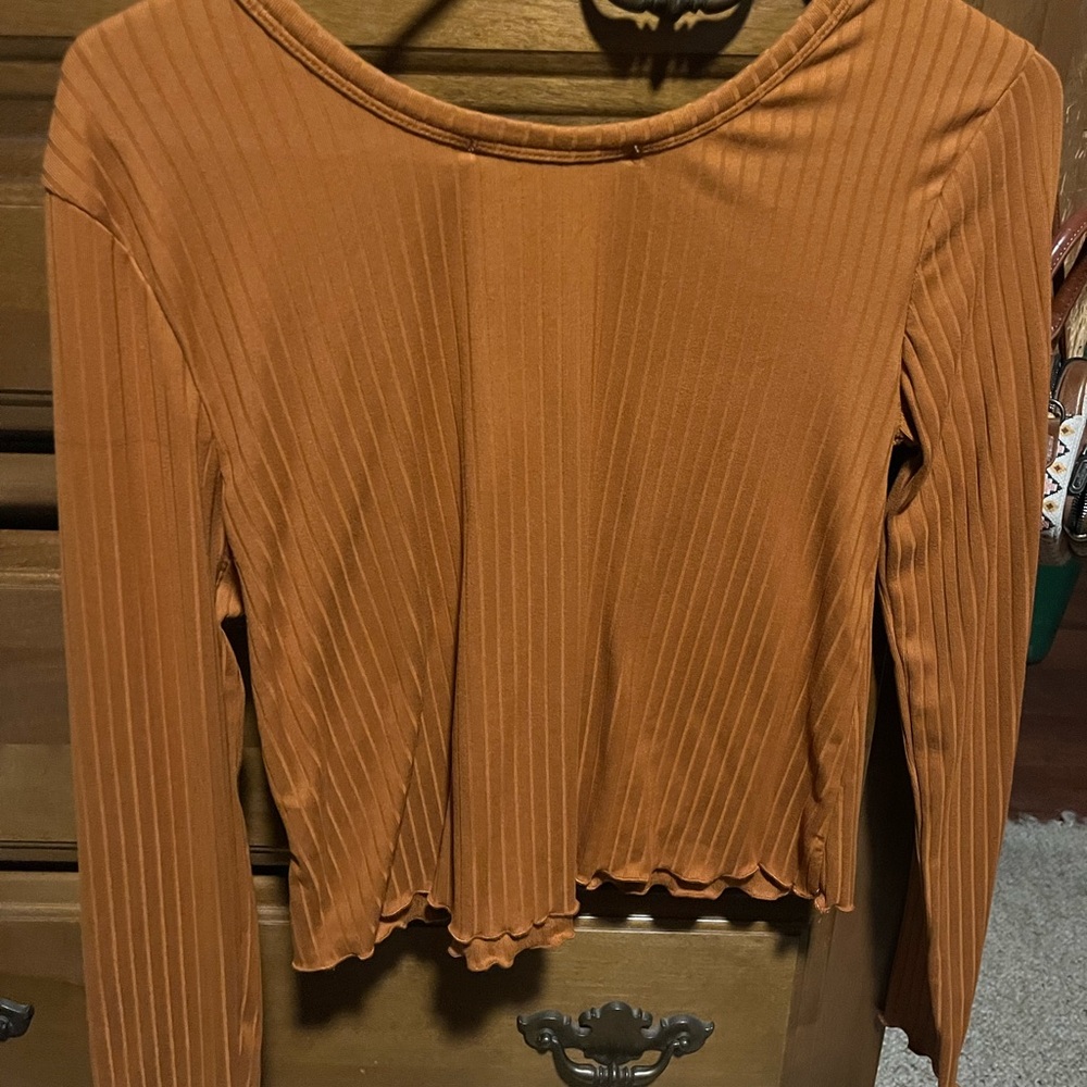 Rust Ribbed Long Sleeve Crop Top - Picture 3 of 3